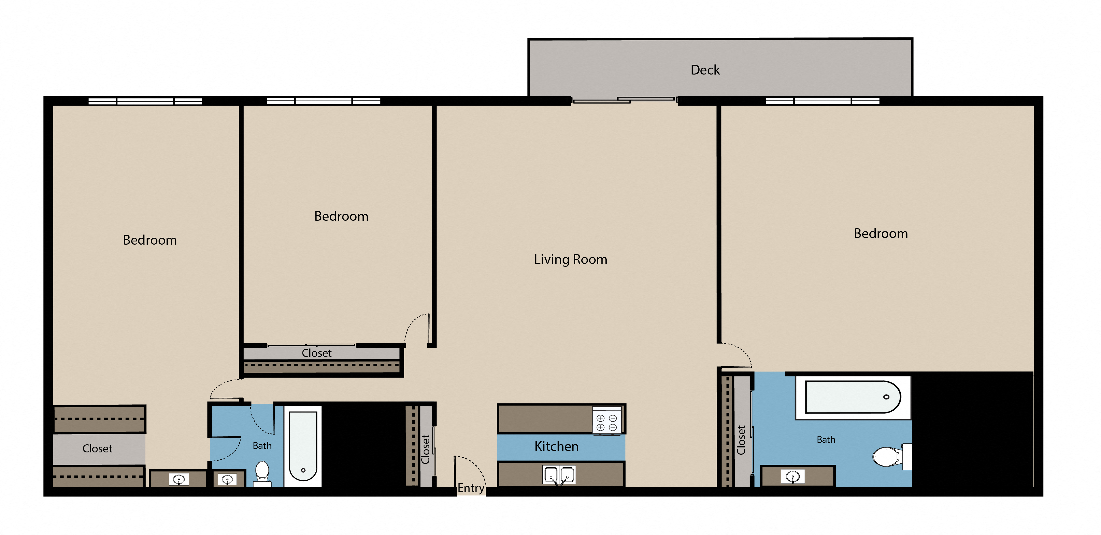 Floor plan for 3 beds, 2 baths, 1100 sqft